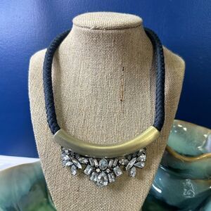 Ann Taylor LOFT Vintage Bib Choker Necklace, Gold Tube Black Cord & Rhinestones